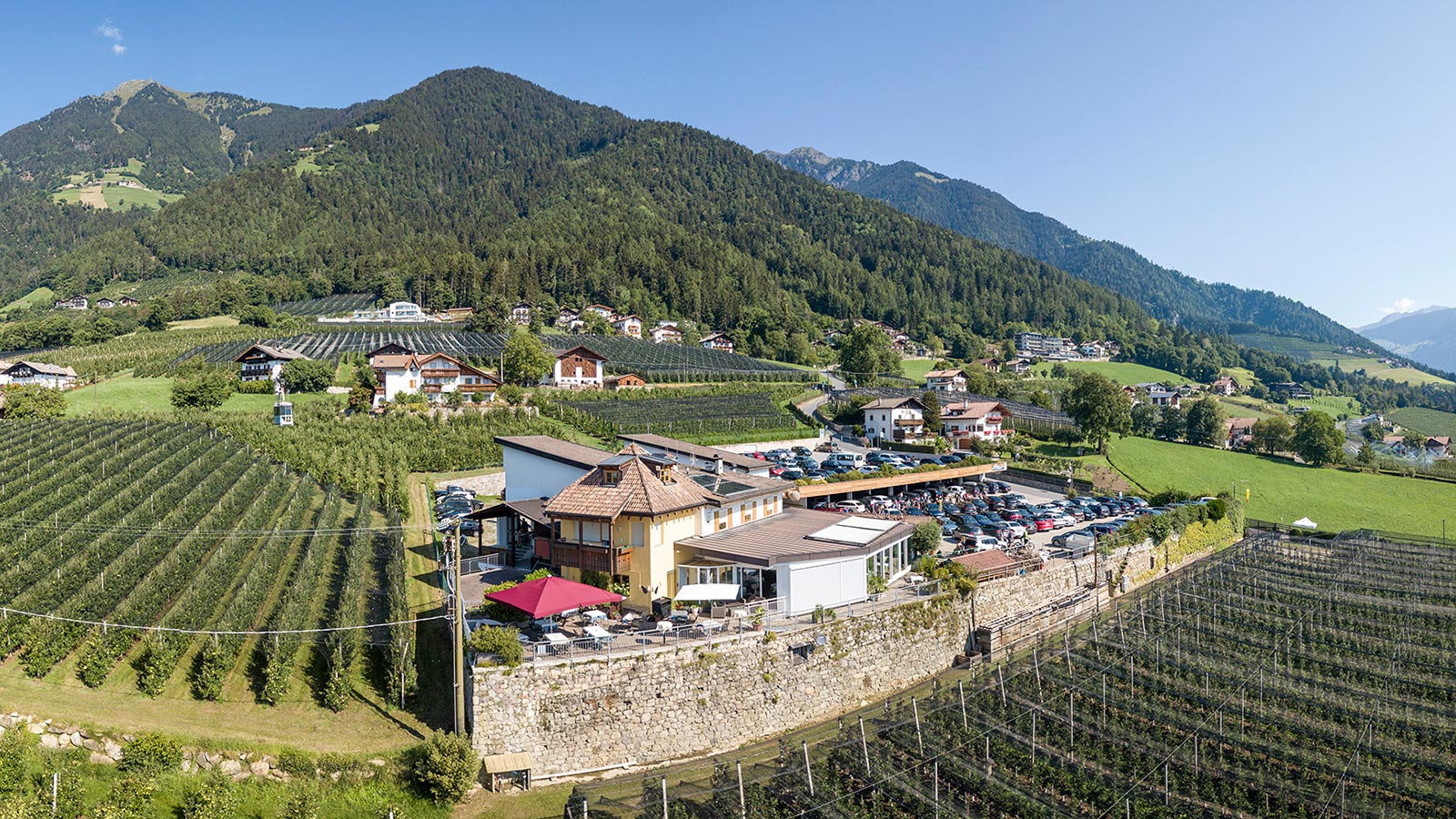 Restaurant Seilbahn Dorf Tirol von oben gesehen, im Hintergrund Weinreben